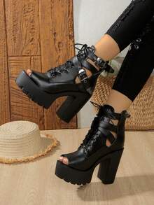 2025 Spring New High Heel Peep-Toe Waterproof Platform Thick Heel Sandals, Gothic Rock Style - Black - View 4