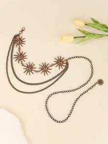 1pc Style Metallic Gold Waist Chain For Women, Retro Sunflower Metal Chain With Tassel Floral Decor Fall, Autumn, Halloween - Gold - View 6