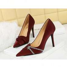 Fashion Banquet High Heels Slim Heels Super High Heels Shallow Tip Pointed Toe Rhinestone Bow Single Shoes Women's Shoes - Wine Red 10CM - View 1