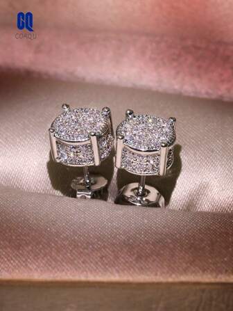 2 对男士简约圆形水钻耳钉，派对/晚会时尚配饰