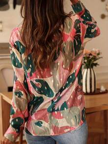 Standard Size Women's Full Body Print Long Sleeve Shirt, Tie Button Design, Suitable For Spring/Summer Wear