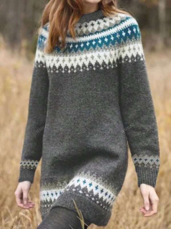 Plus Size Women's Geometric Pattern Plus Size Long Sleeve Pullover Sweater, Chic Casual European Style, Autumn/Winter