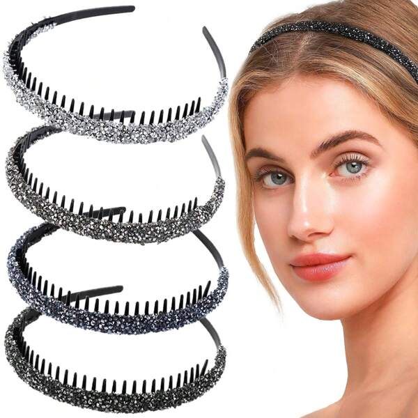 1pc/2pcs/4pcs Women's Black Solid Color Vintage Rhinestone Crystal Hair Hoop, Sparkling Fashion Design, Best Gift, Headbands