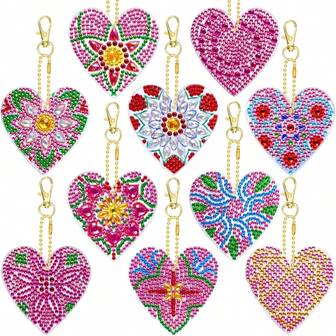Set de 10 llaveros con forma de corazón para pintura de diamantes de San Valentín, kit de pintura de diamantes DIY adecuado para principiantes adultos