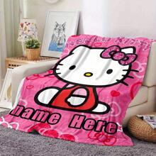 Sanrio Couverture personnalisée Hello chat avec nœud rose et cœurs - Flanelle ultra douce de 280 g/m², cadeau personnalisé pour les amis, petites amies, couverture douillette toutes saisons, couverture mignonne, design contemporain en flanelle, impression par transfert de chaleur
