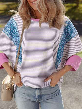 紫色条纹花卉拼色毛边拼布手镯袖衬衫