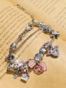 1 pieza Pulsera con dije de corazón de cristal lindo, dije de corazón de gato y letra, pulsera de cuentas DIY, pulsera de estilo coqueto de alta calidad como regalo para amigos
