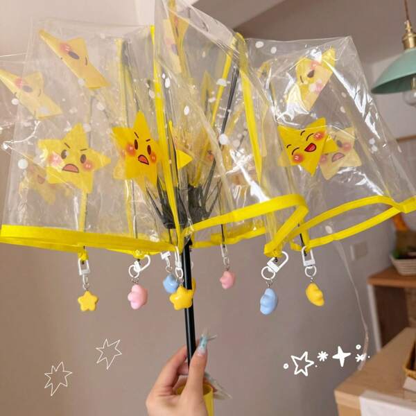 Auto-Open Starry Clear Umbrella - Cute Cartoon Design With Charm Pendant, Thickened Hands-Free Parasol For Students, Photogenic Sun & Rain Protection