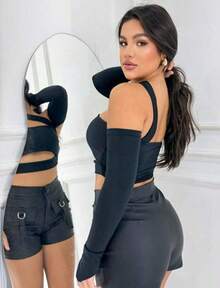 Cropped Top With Long Sleeve Cut Women's Fashion - Black - View 2