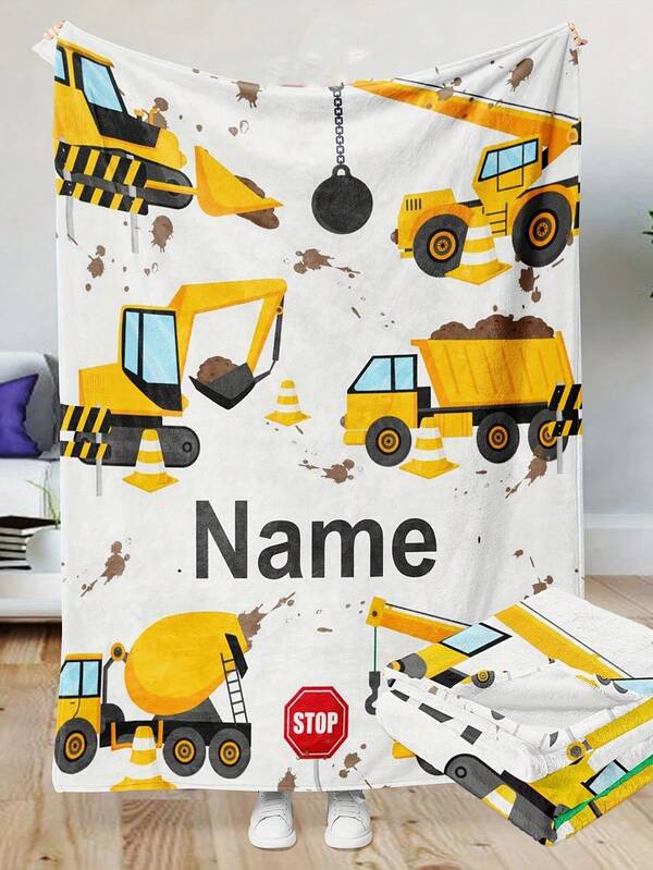 1pc Personalized Fleece Blanket, Car Bed Throw Blanket, Construction Excavator Truck Plush Blanket, Cartoon Crane Bulldozer Fleece Blanket, Suitable For Boys, Girls And Adults, Great For Father's Day, Mother's Day, St. Patrick's Day, Multi-Functional, Ornamental, Letter, Stylish, Modern, Colorful, Cute, Adorable, Casual, Custom, Personalised, Unique, Customized, Ideal Gifts For Him, Ideal Gifts For Her