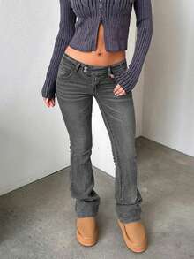 TOP Cross-Border European And American Street Fashion Y2K Hot Girls Tight-Fitting Low-Waisted Women's Bell-Bottom Pants - Dark Grey - View 4