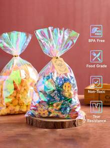 100 piezas - Bolsas de celofán fluorescentes para aperitivos, bolsas de regalo de plástico holográfico, cordones de plomo, adecuadas para regalos de fiesta, dulces, galletas, aperitivos, regalos pequeños, bolsas de papel para vidrio, bolsas de regalo de plástico, galletas transparentes, bolsas para aperitivos, lazos con nudos para bolsas de regalo de fiesta