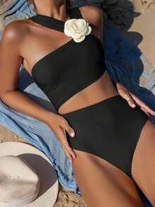 Traje de baño de una pieza con flor 3D de un hombro, traje de baño Monokini con aros push-up huecos, traje de baño de playa de verano 2025