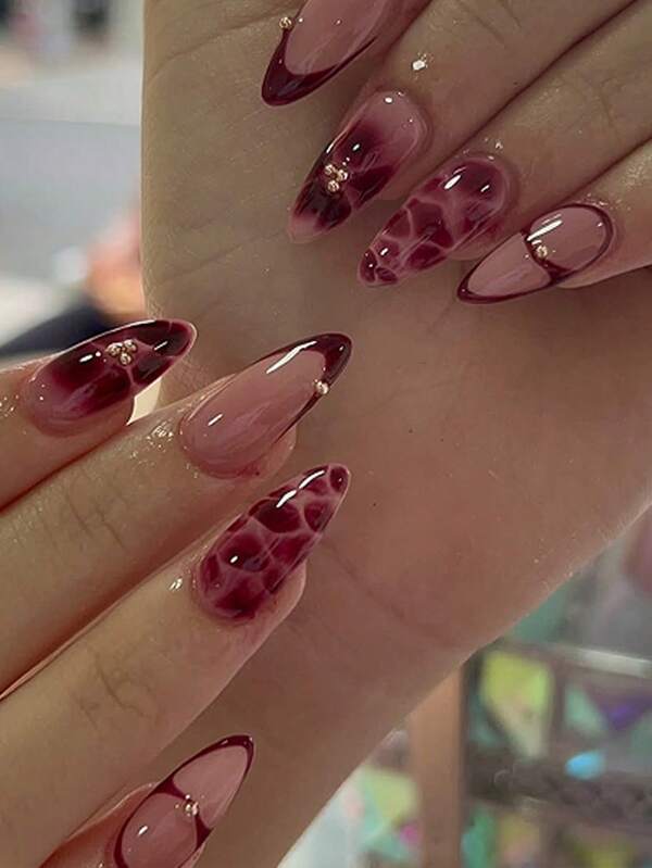 Instantly Upgrade Your Look With 24Pcs Personalized Cool Handsome Simplicity Street Dark Series Y2K Style Hottie Creative Novelty Music Festivals Punk Red Brown Flower Crocodile Print Golden Metal Bead Decoration Red Brown French Medium Almond Press On Nails Fake Nail Kit, Suitable For Girls And Women With Unique Personalities To Use In Daily Life And Shopping Nail Supplies Nails