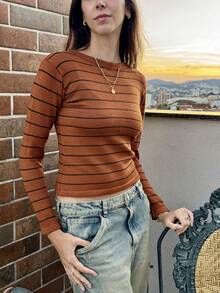 LONG SLEEVE STRIPED MODAL KNIT TOP COLD WINTER - Rust With Black - View 3