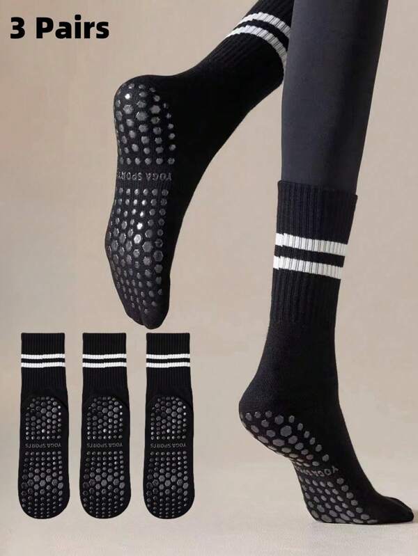 3 Pairs Pilates Non-Slip Socks, Women's Pilates Non-Slip Socks, Pilates Sticky Socks, Yoga Barrel Socks With Grip, Black White Pink Sports