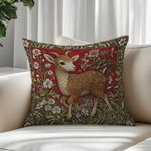 1pc Retro Morris Floral Deer Decorative Pillow Cover, Soft Peach Velvet Single-Sided Printed, 45*45CM Cushion Cover For Home Decor, Party Decor, Pillow Gift