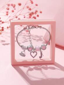 1 件优雅彩虹色蝴蝶和蝴蝶结镶有水钻心形吊坠铜手链、皇冠吊坠和大孔珠 DIY 女士手链，适合日常佩戴和节日送礼，带礼盒包装情人节、妈妈、母亲、母亲节、礼物 - 銀色 - 查看 2