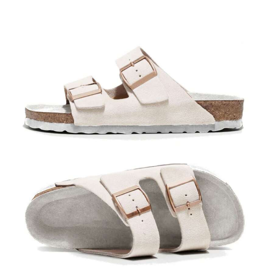 Women Sandals Slip On Comfortable Adjustable Buckle Cork Footbed Summer Beach - Beige - View 1