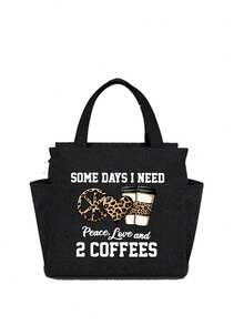 Esta bolsa de almuerzo aislada presenta diseños con estampado de leopardo, corazón y café, con el divertido texto "Algunos días necesito calma, amor y dos tazas de café" impreso en ella. Viene con una bolsa de almacenamiento de cubiertos negra, es reutilizable y tiene un diseño de bolsillo doble. - Multicolor - Ver 18