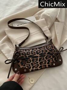 Bolsa de ombro feminina elegante, de cor sólida, com rebites simples e estampa de leopardo, ideal para compras, carteiras, compras, jovens mulheres, estudantes universitárias, recém-chegadas e trabalhadoras de colarinho branco. Ideal para escritórios, universidades, trabalho, negócios, deslocamento diário, atividades ao ar livre, viagens e passeios.