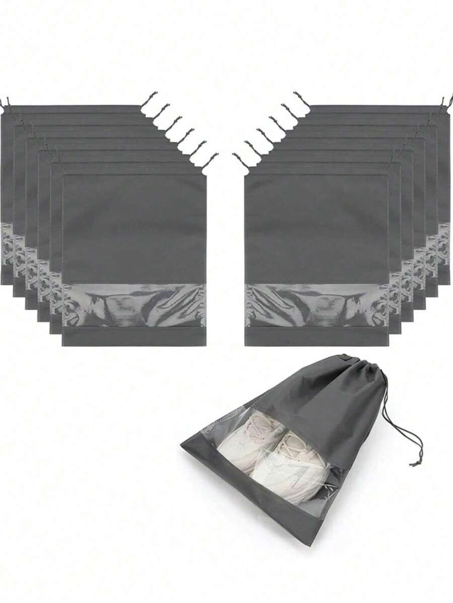 1/5/10 件灰色无纺布鞋子收纳袋，简约抽绳防尘旅行鞋袋