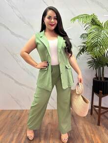 Conjunto para tallas grandes de pantalon y chaleco de moda en color verde oliva  Liso  Elegante  Casual - Verde Oliva - Ver 4
