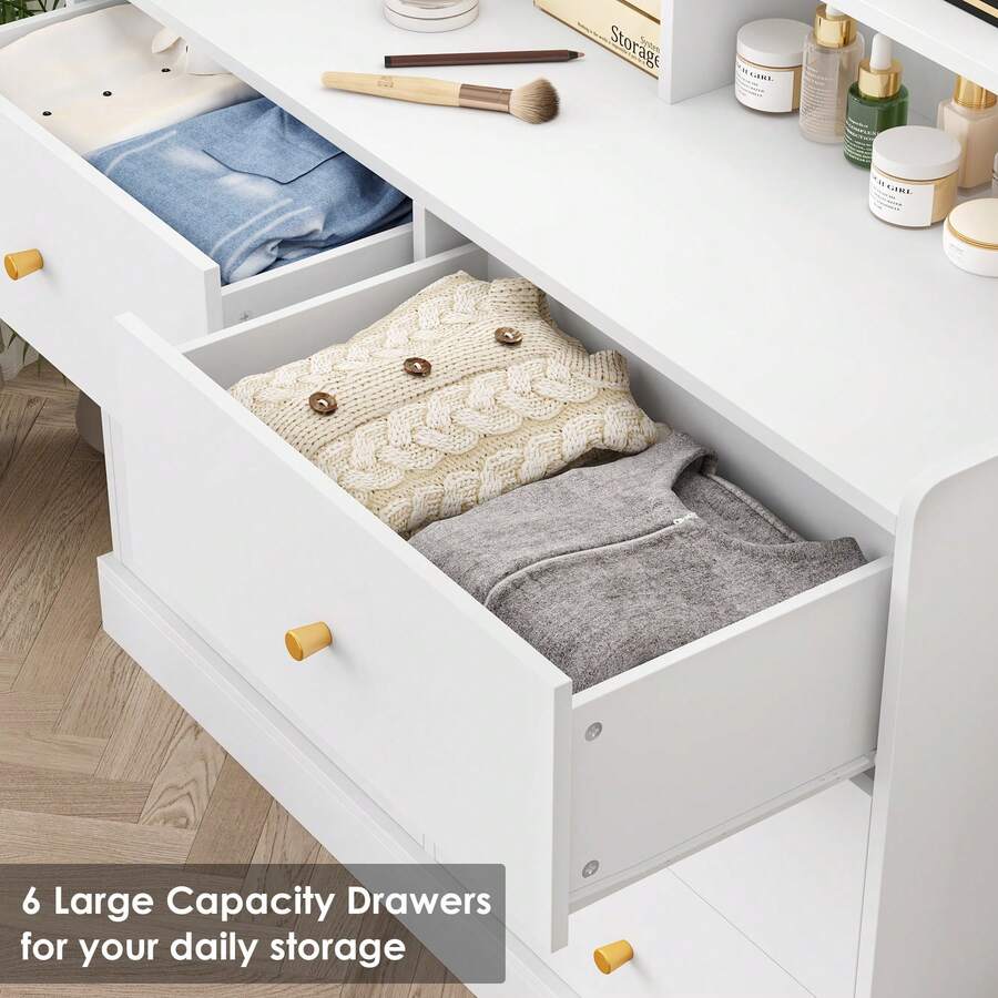 Homfa 6 Drawer Double White Dresser With Hutch Modern Wood Dresser Storage Cabinet For Bedroom Living Room - As pic as pic - View 1