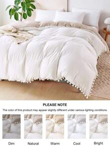 1 pieza Funda de edredón reversible de poliéster blanca y caqui con pompones y borlas, funda de edredón moderna de estilo bohemio y rústico elegante para uso en todas las estaciones en el dormitorio