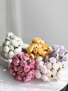 27 têtes de fleurs / 9 tiges / bouquet, camélias artificiels, une tige avec trois fleurs, fausses fleurs avec bord brûlé, roses, pivoines, fleurs de thé, accessoires pour photo de mariage, petit bouquet de décoration pour la maison, ornement, accessoires pour photo de mariage, petit bouquet de décoration pour la maison, décoration de table de salon à la maison, composition florale DIY pour la décoration de la proposition, décoration de salle à manger et de salon à la maison