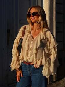 HH 2025 Spring Women Elegant V-Neck Blouse Single-Breasted Women Long Sleeves Laminated Decorative Solid Shirt - Beige - View 11