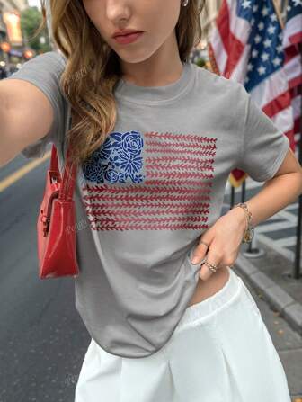 T-shirt femme floral américain, t-shirt drapeau américain, t-shirt femme drapeau américain floral