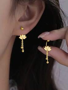 Pendientes de borla de loto de plata de ley 925, diseño simple minimalista, pendientes de perlas redondas con tornillo, regalo para mujeres - Pétalos dorados - Ver 4