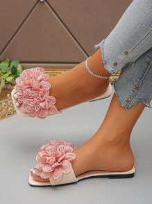 2025 Summer New Wide Fit Women's Fashion Strap Floral Decor Open Toe Flat Sandals, Soft Bottom Comfortable Non-Slip, Suitable For Outdoor Casual, Beach Resort, Holiday Party