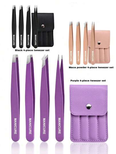 4PCS Stainless Steel Colored Tweezers Set, High-Precision Portable Eyebrow Shaping And Hair Removal Tool Set, Eyebrow Shaping And Hair Removal Beauty Makeup Tools, Purple, Pink And Black Three Colors For You To Choose (1PC/4PCS),Due To Different Production Batches, The Protective Lining In The Packaging Bag Is Placed Randomly And Does Not Affect The Use