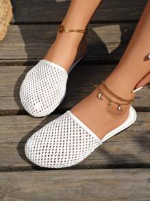 Women's Breathable Woven Slide Sandals, Flat Closed Toe House Slippers, Indoor&Outdoor Net Fabric, Solid Color, Non-Slip, Comfortable