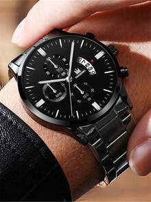 1 件男士手表不锈钢男士日历商务正装手表 + 1 件合金串珠手链，作为返校学生的礼物