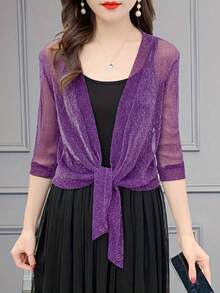 1pc Elegant Fashion Transparent Glittery Women Shawl, Tie Front 3/4 Sleeve Cropped Cover Up, Hollow-Out Breathable Shiny Shawl, Suitable For Bikini Cover-Up, Daily Wear Shawl, Wedding Party Little Black Dress Shawl - Multicolor - View 9