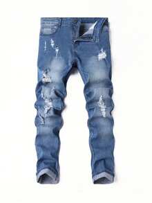 Plus Size Men's Fashionable Distressed Elastic Denim Jeans - Rửa trung bình - Xem 2