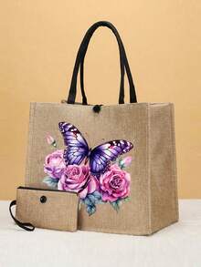 蝴蝶印花手提包套装，耐用黄麻，时尚图案，包括方便的零钱包，非常适合购物、旅行和海滩探险，多功能女士包，适合日常、旅行、购物、工作、送礼