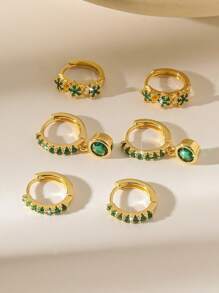 Conjunto de 6 brincos brilhantes de zircônia cúbica em formato de estrela, flor e lágrima, banhados a ouro 18K e cobre, adequados para uso diário feminino, datas ou como presente
