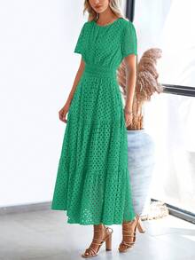 Womens Summer Maxi Dress Short Sleeve V Neck Hollow Out Eyelet A Line Long Flowy Beach Vacation Dresses - 綠色 - 查看 3