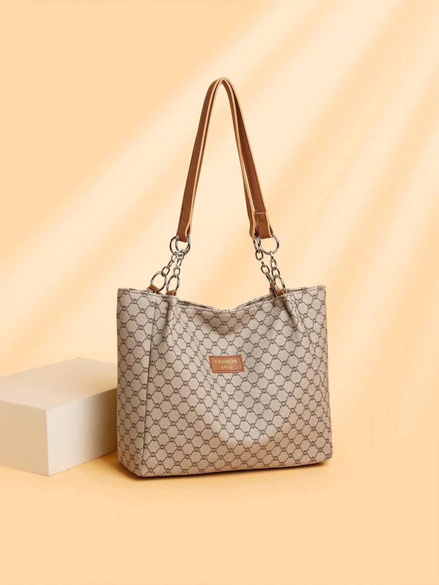 百搭时尚几何图案单肩托特包，适合休闲和通勤 - 灰色 - 查看 1