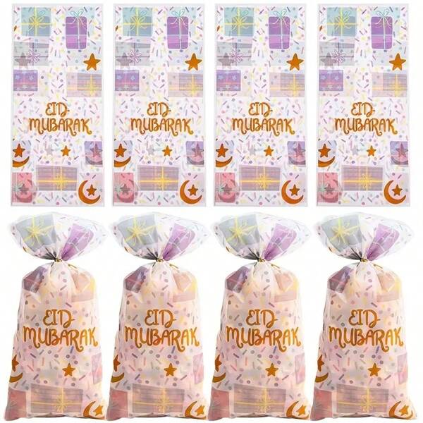 50pcs Transparent Gift Bags With Twist Tie For Eid Al-Adha, Featuring Vibrant Islamic Lantern & Crescent Moon Patterns, Suitable For Packaging Snacks, Decorating Eid Al-Adha Celebration