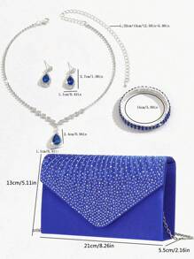 4 Peças Conjunto de Moda Feminina com Bolsa de Embreagem Versátil com Pedrinhas e Alça de Corrente, Mais Conjunto de Joias com Colar, Brincos e Pulseira com Pedrinhas
