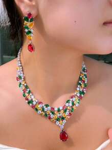 1 conjunto de colar e brincos femininos super luxuosos, multicoloridos e brilhantes, com zircônia cúbica, para festival e festa, conjunto de joias para mulheres, decoração de casamento