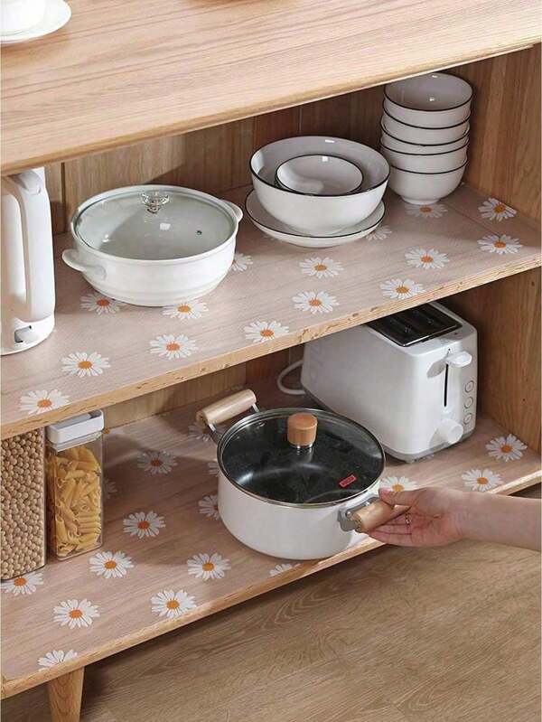 1Roll Of Kitchen Cabinet Daisy Shelf Liner, Non-Stick Drawer Liner, Anti-Slip Refrigerator Liner, EVA Waterproof Fridge Mat, Cabinet Mat, Easy-Clean Placemat.