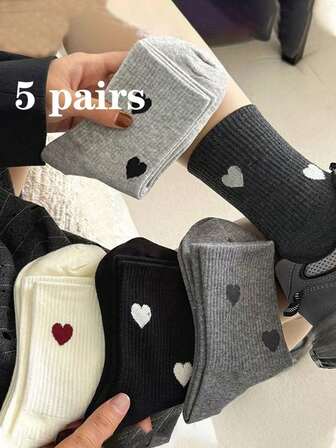 5 par hjärtmönsterstrumpor för kvinnor, koreansk stil, mångsidiga blandade mönster, året runt