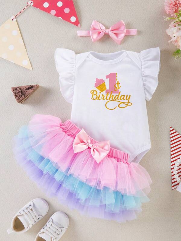 Conjunto de 3 piezas para el primer cumpleaños de niña bebé, body con estampado de letras de dibujos animados de manga corta + falda colorida + pinza para el cabello, vestido para fiesta de cumpleaños infantil