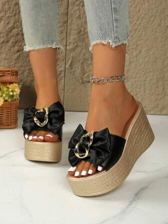 女士优雅蝴蝶结厚底凉鞋，防水夏季坡跟拖鞋，适合派对和度假，高跟半拖鞋，轻便厚底夏季坡跟一脚蹬，加大码露趾沙滩人字拖，甜美可爱的凉鞋与连衣裙完美搭配，性感黑色坡跟凉鞋